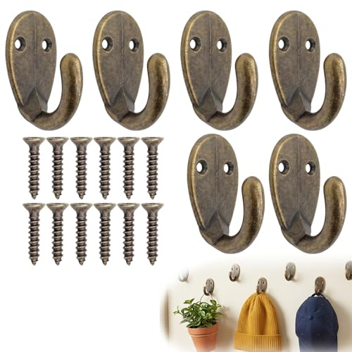Auravale 6 Pack Antique Brass Coat Hooks Bronze for Wall Hanging Clothes | Vintage Coat Hooks with 12 Pieces Screws, Heavy Duty with Kitchen Bathroom Bedroom, Hanging Hats Tie Scarves Towels Keys Bag