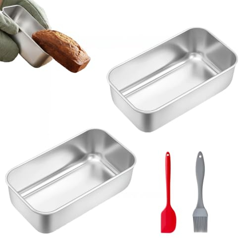 Loaf Tin Set of 2, 1lb Stainless Steel Bread Tin 17.5 x 9 x 4.5 cm | Bread Tins for Baking Non-Stick Loaf Tins with Brushes Scrapers for Banana Breads Meat Lasagna Cake Oven Air Fryer Safe