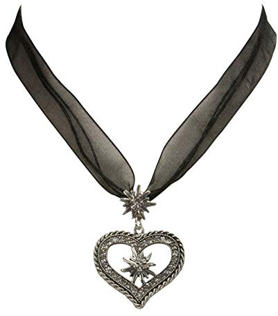Trachtenkette Organzaband mit Strassedelweissherz - Damen Dirndlkette mit Kristallsteinen, Herz Organzakette Edelweiss für Trachtenbluse und Lederhose, Dirndl-Schmuck fürs Oktoberfest (schwarz)