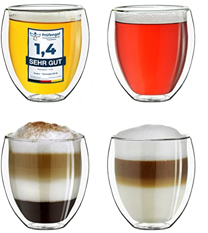 Creano Set di 4 Bicchiere Termico XXL a Doppia Parete – Vetro Termico Borosilicato, Grande Capacità 400ml, Ideale per Caffè, Tè e Bevande Calde