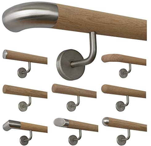 TIBU Holz Handlauf Eiche unbehandelt Geländer Wandhandlauf Treppe Wand 30-500cm mit gewinkelten Edelstahl Halter, Länge: 300 mm mit 2 Halter - Enden: Edelstahlbogen