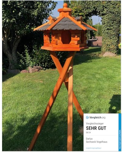DARLUX Handgefertigtes Sechseck Vogelhaus aus Holz wetterfest M - XL mit und ohne Ständer I Futterhaus I Futterhäuschen I wetterfest I Bitumdach (Größe XL mit Ständer, Schwarz - Braun)