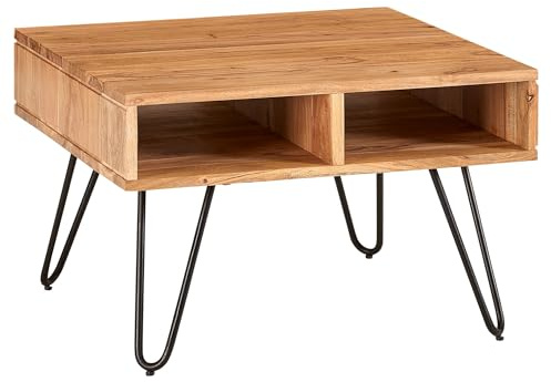 FineBuy Couchtisch 60x60x40 cm Akazie Massivholz Hairpin, 2 Ablagen | quadratischer Wohnzimmertisch Industrial mit Stauraum, Sofatisch aus Echtholz, handgefertigtes Unikat
