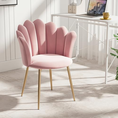 Modern Armchair Tub Chair, Velvet Vanity Dressing Table Chair with Curved High Back and Gold Plating Metal Legs for Bedroom, Living Room, Reading Nook, Pink
