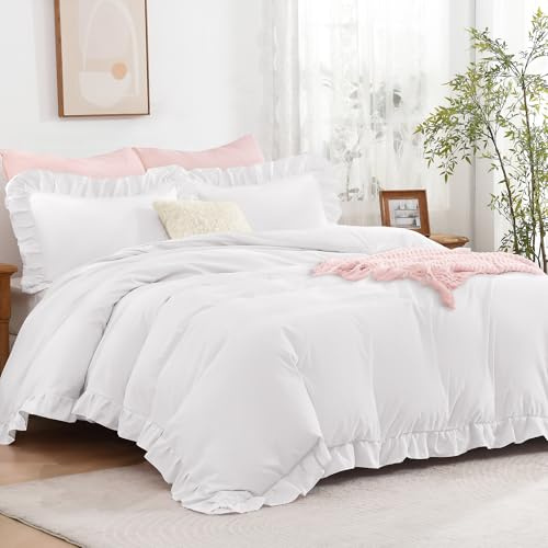 Andency White Ruffle Duvet Cover Queen(90x90Inch), 3 Pieces Soft Washed Microfiber Vintage Shabby Chic Farmhouse Ruffled Duvet Cover Set with Zipper Closure & Corner Ties