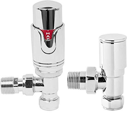 NRG 15mm Chrome Angled TRV Thermostatic Radiator Valves with Manual Valve | Central Heating Tap, Brass, Towel Rails Radiator Valve, 15mm Inlet, Modern Design