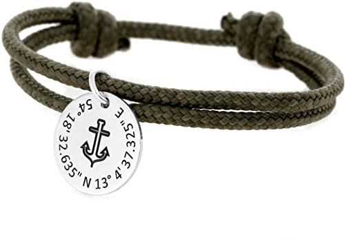 Surfer Armband mit Gravur Anhänger khaki Anker Motiv