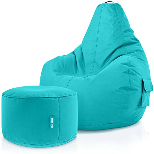 Green Bean 2er Set Sitzsack mit Rückenlehne + Hocker rund - Gaming Chair, EPS-Perlen Füllung, Waschbar, Wetterfest - Gemütlicher Lounge SitzHocker rund für Indoor und Outdoor in Türkis
