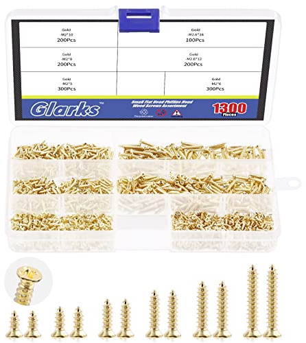 GLARKS G1703 1300Pcs 5mm 6mm 7mm 8mm 10mm Small Tiny Nails Wooden Screws Set Gold Self Drilling Flat Cross Head Screws Assortment Kit for Home Furniture Decor (Gold)