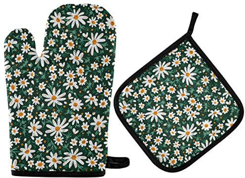 Mitaines De Cuisine 2Pcs, Aquarelle Petite Marguerite Verte Gants De Four Personnalisés Universel Gants De Barbecue Antidérapant pour Four De Cuisson, Cuisinier