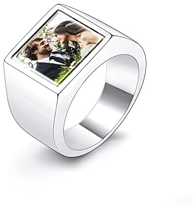 OTXIXTO Ringe für Männer Silber Personalisierter Foto Siegelring Edelstahl Ringe Mode Damen Freundschaft Freund Valentinstag Schmuck Geschenke S57