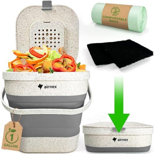 AIRNEX Collapsible Kitchen Food Waste Caddy with Lid - 3.8 L/1 Gal Food Bin Caddy Made of Wheat Straw - Odourless Small Compost Caddy Bin for Kitchen with 20 Compostable Trash Bags & 2 Carbon Filters