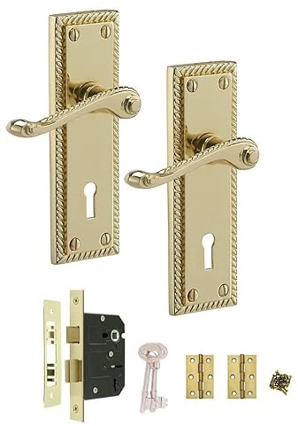 Golden Grace Georgian Lever Lock Handle Set, 150x48mm Polished Brass | Complete lock kit includes 64mm 3-lever sash lock, 2 keys, 3-inch butt hinges, spindle, and matching screws for quick setup.