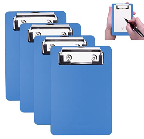 AZWOOD Lot de 4 mini porte-blocs en plastique 10 x 15 cm avec porte-stylo pour bloc-notes, reçus, listes de poche (bleu, 4 pièces)