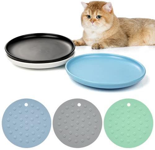 Keramik-Katzennäpfe, 3 Packungen, stressfreie Katzenfutterteller mit 3 rutschfesten Matten, breiter und Flacher Katzenfutternapf zur Linderung von Ermüdung der Schnurrhaare