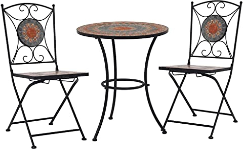 KOIECETA Mosaik Bistroset 3-TLG. Sitzgruppe Balkonset Balkonmöbel Sitzgarnitur Gartenmöbel Bistrotisch Mosaiktisch 2 Mosaikstühle Keramik (Terrakotta, Grau und Orange)