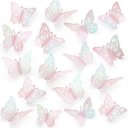 72 Pcs Butterfly Decorations, 3 Sizes 3 Styles, Wall Decor, Butterfly Party Decorations, Birthday Decorations, Butterflies for Crafts, Cake Decorating, Wall Stickers Room Decor(Rainbow Pink)