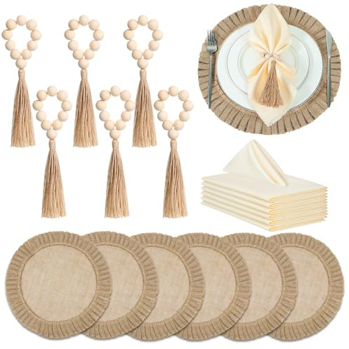 Gejoy 18 Pcs Round Burlap Placemats Wood Bead Napkin Rings with Dinner Napkins Cloth, Jute Heat Resistant Placemats Boho Wooden Rings for Plates Wedding Dining Table