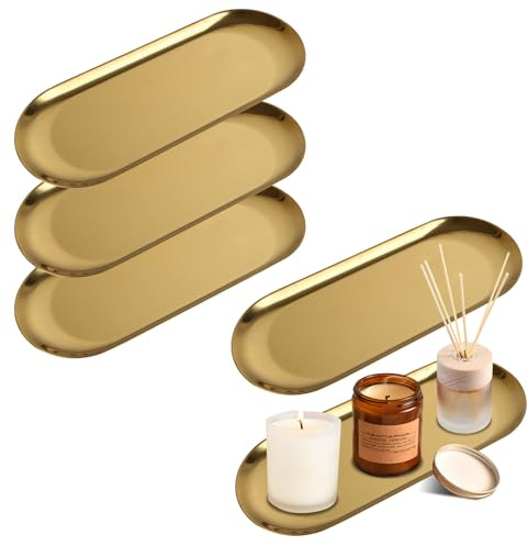 WOPPLXY 5 PCS Gold Serving Tray - 23x9CM Stainless Steel Oval Gold Trays Decorative - Trinket Vanity Tray Golden Plate for Storage, Serving