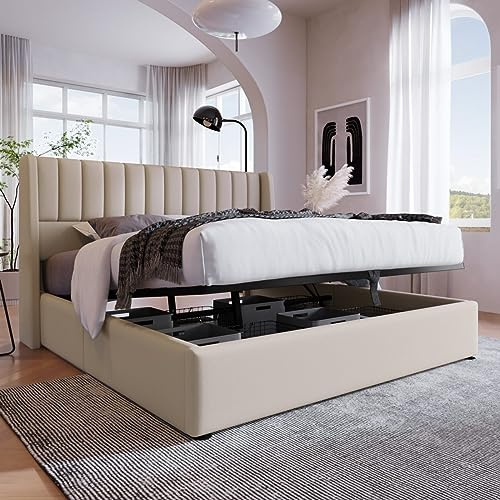 Sweiko Polsterbett 160x200cm, Leinen Hydraulisch Bett Mit seinem vertikalen Streifendesign, Modernes Lattenrost Bet mit Stauraum,Funktionsbett von Aufbewahrung mit Metallrahmen Beige(Ohne Matratze)