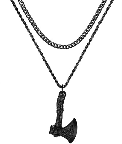 OIDEA Herren Wikinger Thors-Hammer Halskette: 2 Doppel Ketten Panzerkette & Kordelkette mit Axt Hammer Anhänger Nordisch Viking Schmuck Geschenk für Männer Freund Vater