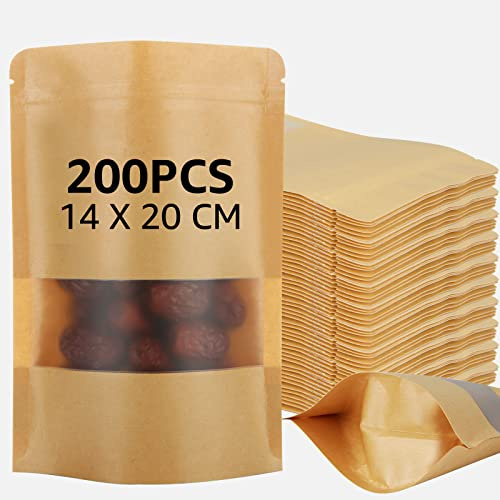 YOUNTHYE Lot de 200 Sachets Alimentaires en Papier Kraft Refermables avec Fenêtre, Multi-usages pour Fruits Secs, Café, Thé, Graines - Marron