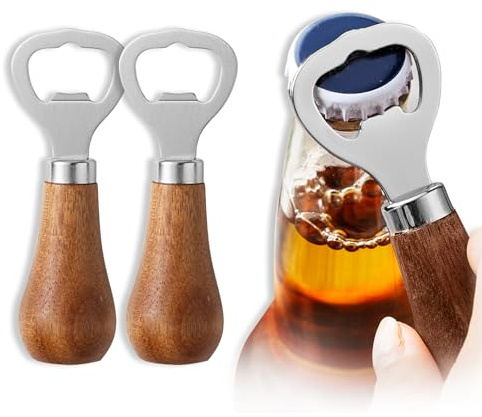 2 Stück Flaschenöffner, Edelstahl Barkeeper Bierflaschenöffner, Personalisierter Flaschenöffner mit Holzgriff, Tragbare Flaschenöffner Holz, Bierkorkenzieher, Geeignet für zu Hause, Küche, Bar(Silber)