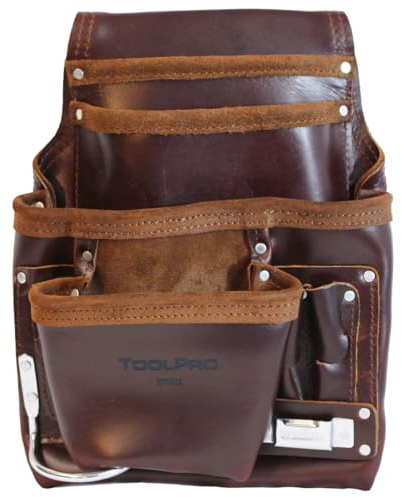 ToolPro Nageltasche mit 10 Taschen für Werkzeuge, Trockenbauausrüstung, Schrauben, Hammer, Zangen – robuste ölgegerbte Leder-Werkzeuggürteltasche für Bau-, Tischlerei, Dach- und DIY-Projekte