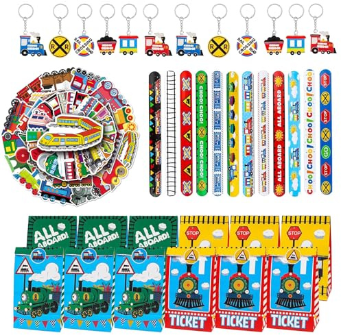 Gåva till tågkalas, tåg födelsedagsfesttillbehör, 86 st tågfesttillbehör, innehåller 12 tåg nyckelringar, 12 armband med , 12 presentpåsar, 50 st klistermärken, för dekoration, presenter