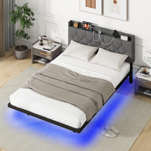 GOPLUS Polsterbett 140x200cm, Doppelbett mit LED-Beleuchtung & Ladefunktion, Schwebebett mit höhenverstellbarem Kopfteil, Bettgestell mit Lattenrost, Jugendbett, Ohne Matratze (140x200 cm)