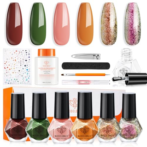 MODELONES Set Completo di Smalto per Unghie, Smalto Unghie Asciugatura Rapida Arancione Marrone Verde Glitter 6 Colori con Base eTop Coat e Sgrassatore Unghie, Regalo per Donne e Ragazze