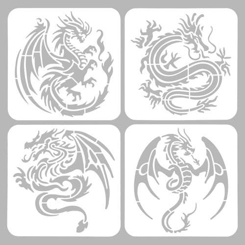 ORIGACH 4 Stück Drache Schablonen für DIY, Wiederverwendbar, 20×20cm | Westlicher und chinesischer Drache Malerei Schablone, Wand Malen Schablonen für Scrapbooking Holz Boden Wand Fliesen