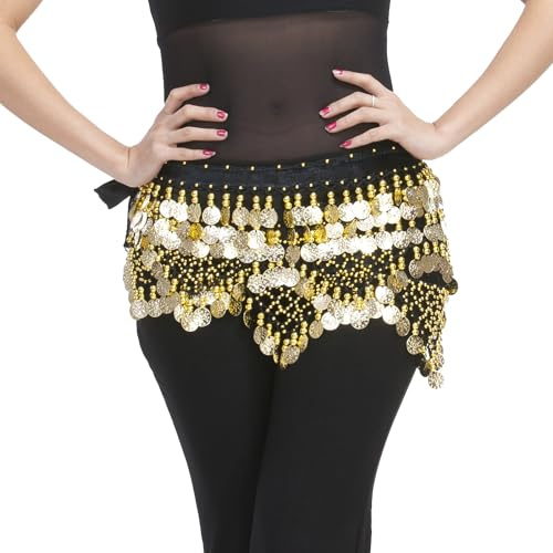 ZLTdream Women's Indian Dance Belly Dancing Hip Scarf Belt Skirt Accessories with Wave Gold Coins Black