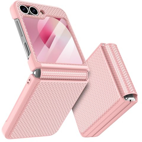 Doeshine für Samsung Galaxy Z Flip 7FE/6 Hülle mit Scharnierschut,Rosa | Displayschutzfolie,Rutschfester Textur, Hard PC Militär Stoßfest Schutzhülle Rugged Cover