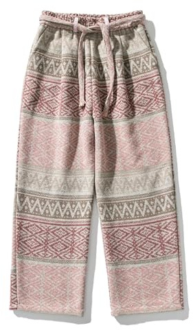 GURUNVANI Stickade jacquardbyxor elastisk midja vintage cargo träningsbyxor säckiga raka byxor vardaglig tweedbyxor, Rosa, S