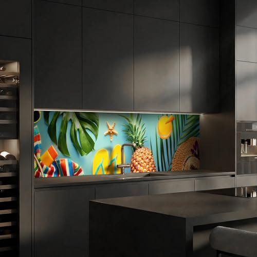 Dedeco Küchenrückwand Motiv: Holiday V1, 3mm Aluminium Alu-Platten als Spritzschutz Fliesenspiegel zum Aufkleben Wandschutz wasserfest, UV-Lack matt, alle Untergründe, 240 x 60 cm