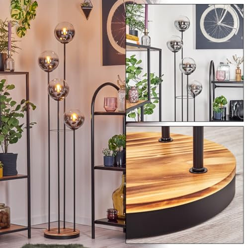 HOFSTEIN Stehleuchte Koyoto, Stehlampe aus Metall/Holz/Glas in Schwarz/Natur/Chrom/Rauch/Klar, Leuchte im Retro/Vintage-Design (Ø 15cm), Fußschalter, 148,5cm, E14, Wohnzimmer, Schlafzimmer, Flur, Büro