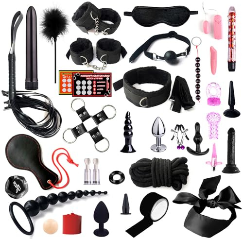 Set Bondage Set di Contenzione per Principianti, 37 Giocattoli Sessuali di Ritenuta per Coppie, Manette, Pinze per Capezzoli, Frusta, Bavaglio, Plug Anale, Benda per Il Sesso Femminile, Nero