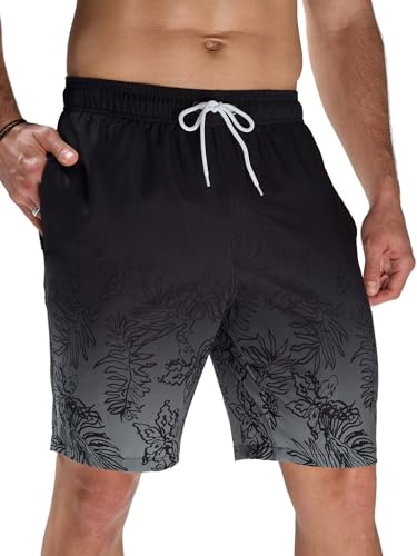 Arcweg Shorts de Baño Largos para Hombre - Secado Rápido, Múltiples Bolsillos, Ideales para Playa, Natación y Surf (Negro Gris Degradado) L