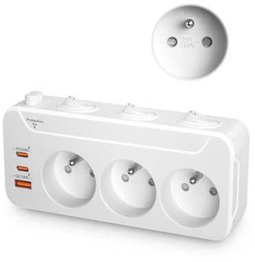 Multiprise avec Interrupteur Individuel, Fiche Multiprise Parafoudre 3 Prises Française, Bloc Prise Multiple Murale avec Terre, Triplite Prise Frontales à Rotation Horizontale et Verticale, Blanc