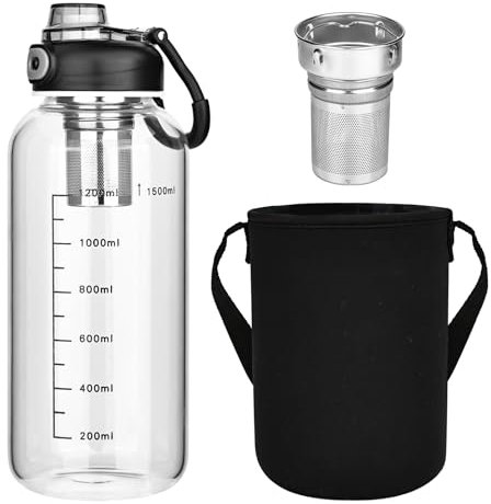 Trendecor Gourde en verre avec infuseur à thé, 1,5 l, avec étui de protection, anti-fuite, réutilisable, pour eau, boissons