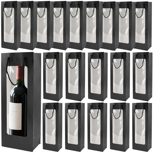 SINJEUN 20 Stück Weinflaschenbeutel mit Fenster, Wein Geschenktüten Schwarz mit Griff, Wein Flaschentüten Geschenktaschen für Party, Hochzeit