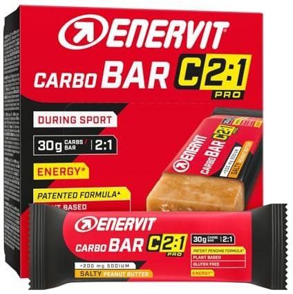 Enervit Carbo Bar C2:1PRO Salty Peanut Butter – Energieriegel mit 30 g Kohlenhydraten, 50 % schneller absorbierte Kohlenhydrate, Geschmack von Erdnussbutter, Vegan, Glutenfrei, 12 Riegel à 45 g