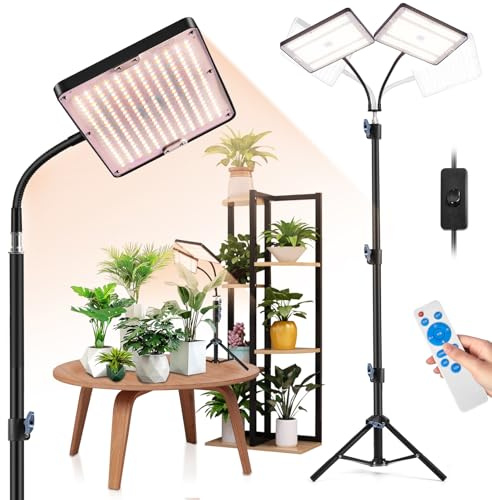 Pflanzenlampe LED Vollspektrum mit 16-63 Einstellbar Ständer, Doppelkopf 492 LEDs Grow Lampe mit Timer & 10 Helligkeiten, Pflanzenlicht für Blüte Gemüse bonsai & Zimmerpflanzen, 360°-Schwanenhals