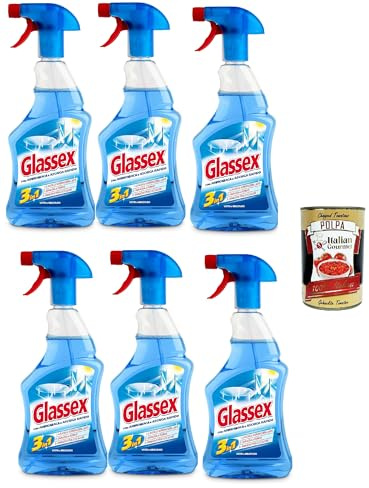 Italian Gourmet Glassex Detergente Vetri Glasreiniger 6 x 500ml Spray Blu | Con ammoniaca, formula brillante; reinigt Fenster, Spiegel und Flächen, Gesamtnettogewicht 3 L + Kostenlos Polpa 400g
