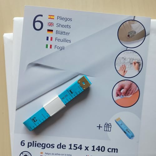 Alcrea® 6 GRAND FEUILLES DE PAPIER BLANC 154x144cm +1MÈTRE DE COUTURE OFFERT. Patronage, loisirs créatifs, dessin, croquis, plans. Semi-transparent 30g Super résistants 5 kg. Feuilles très grandes.
