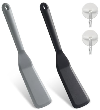 Rylae 2 Pezzi Spatole in Silicone per Cucina, Spatola Resistente al Calore con Ganci, per Pasticceria Pancake Bistecca Omelette, Antiaderenti Utensili da Cucina(Nero e Grigio)