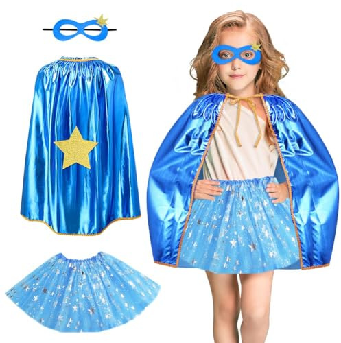 AUYAO Superhjältekappa Femuddig stjärnkostym Barn 3 delar Supergirl Dubbelsidig Kappa med mask och kjol Halloweenkostym Barnkostym Flickor Karnevalskostymer Cosplay Kappa Barn (A-Blå)