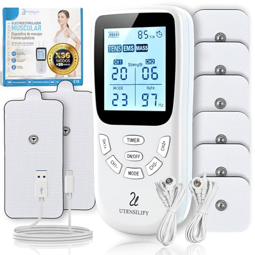 Electroestimulador Muscular UTENSILIFY® 3 en 1 TENS EMS Masaje | 36 Modos 20 Intensidades | 8 Electrodos | Alivio del Dolor y Recuperación | Recargable USB