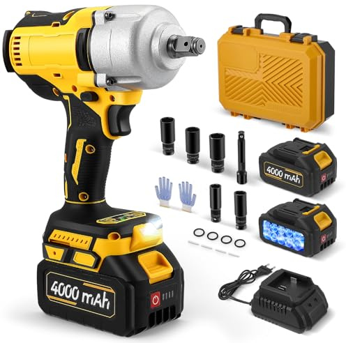 Haedswer Llave de Impacto Inalámbrica 1000Nm, 21V Sin Escobillas con 4.0Ah×2 baterías, 3 Niveles de Potencia, con 5 Casquillos, Cargador y Extensión para Coche/Camión/Autocaravana